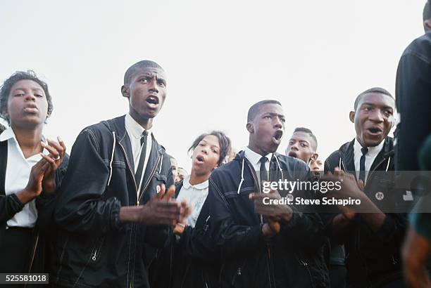 Demonstrators singing during the Freedom March to Washington, Washington DC, August 28, 1963. More than 200,000 people participated in the March on...