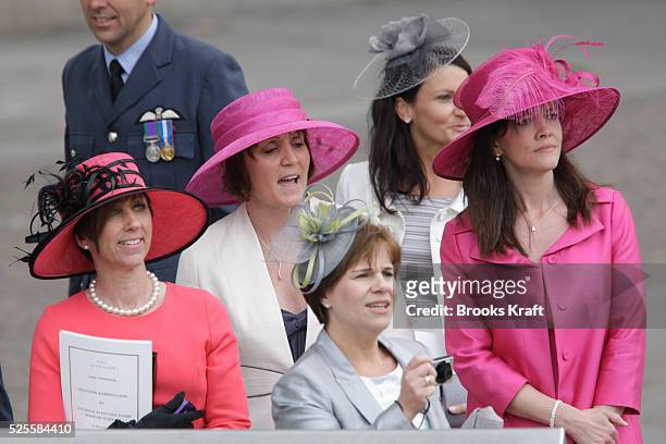 Guests wearing decorative hats departWestminster Abbey after the wedding ceremony of Britain's Prince William and his wife Catherine, Duchess of...