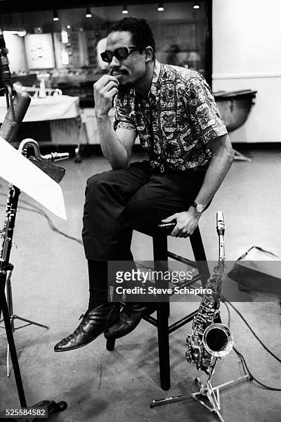Composer and horn player Eric Dolphy during the recording sessions for George Russell's Ezz-thetics album at Riverside Studios.