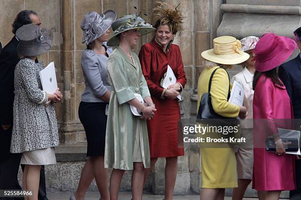 Guests wearing decorative hats depart Westminster Abbey after the wedding ceremony of Britain's Prince William and his wife Catherine, Duchess of...