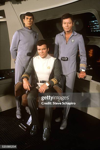 Leonard Nimoy as Mr. Spock, William Shatner as Admiral James T. Kirk and Deforest Kelley as Dr. Leonard 'Bones' McCoy on the set of the 1979 film...