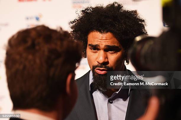 Boxer David Haye poses on the red carpet at the BT Sport Industry Awards 2016 at Battersea Evolution on April 28, 2016 in London, England. The BT...