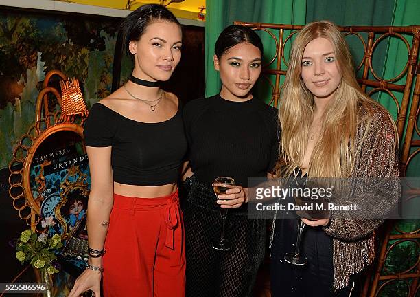 Sinead Harnett, Vanessa White and Becky Hill attend Urban Decay VIP dinner #UDinWonderland at Sketch on April 28, 2016 in London, England.