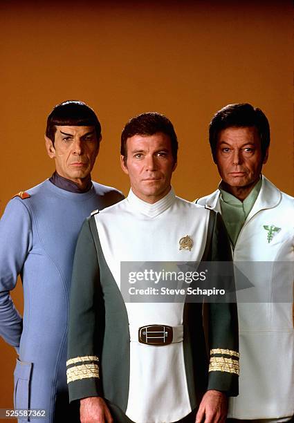 Leonard Nimoy as Mr. Spock, William Shatner as Admiral James T. Kirk and Deforest Kelley as Dr. Leonard 'Bones' McCoy in the 1979 film Star Trek: The...