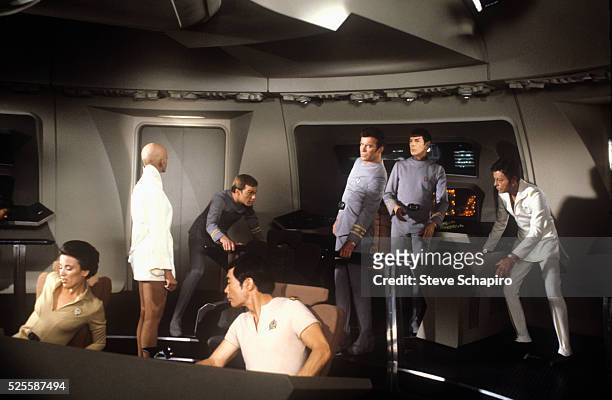 Movie still from the 1979 film Star Trek: The Motion Picture include from left: an unknown actress, Persis Khambatta as Lieutenant Ilia, Stephen...