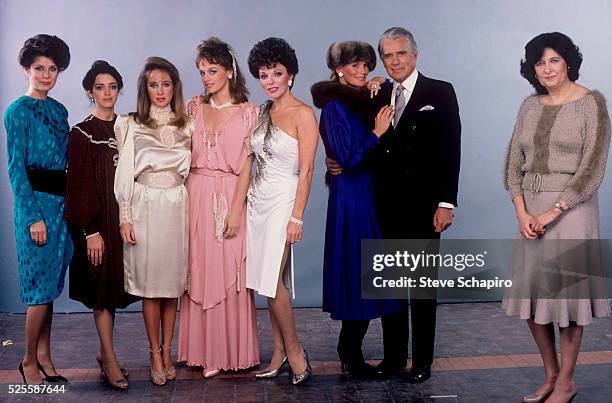 The cast of the television show Dynasty with screenwriter and producer Esther Schapiro . From left Deborah Adair, Kathleen Beller, Pamela Bellwood,...