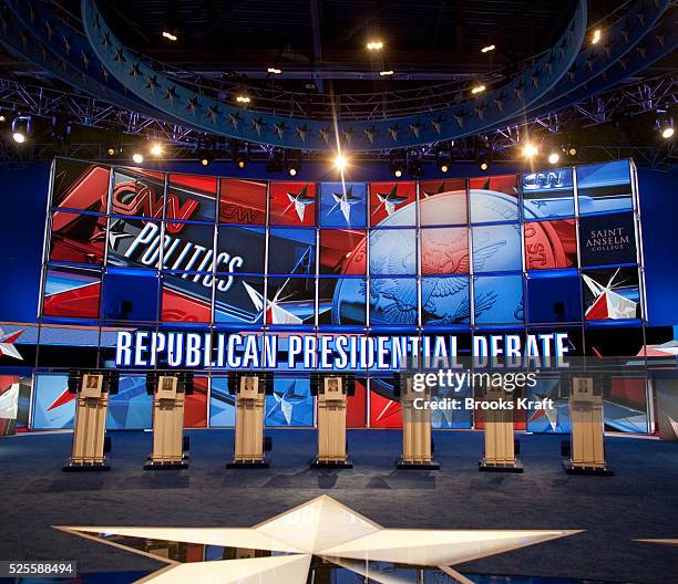 An empty stage before the first New Hampshire debate of the 2012 Presidential campaign at St. Anslems College in Manchester, New Hampshire.