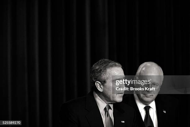 President George W. Bush stands with Vice President Dick Cheney while they participate in the annual pardoning of the National Turkey in the...