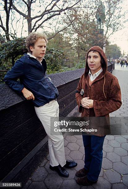 Musicians Art Garfunkel and Paul Simon in Central Park in New York City.