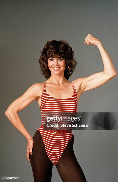 Jane Fonda posing for her book, the Jane Fonda Workout Book.