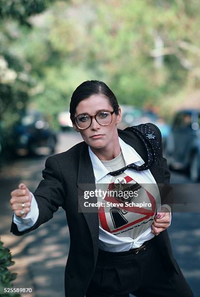 Margot Kidder in costume similar to character Clark Kent