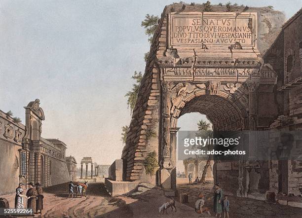 The Arch of Titus before its restoration in Rome . Aquatint in colour by Matthew Dubourg. In 1820.