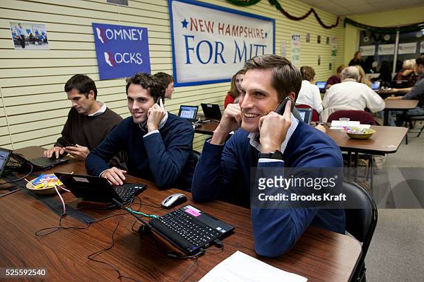 Republican presidential candidate Mitt Romney's sons attend a phonathon at campaign headquarters in Manchester, New Hampshire. From the right are...