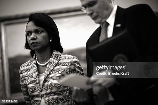 Secretary of State Condoleezza Rice and National Security Advisor Stephen Hadley attend a meeting between President Bush and the President of...