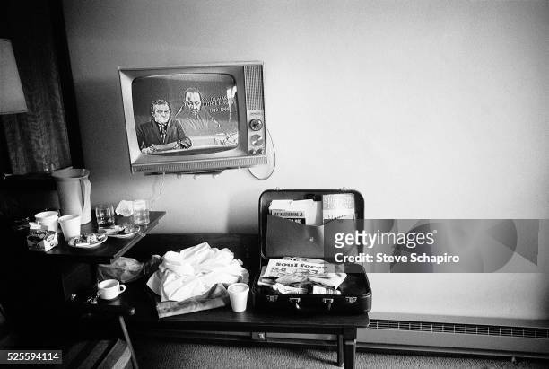 Television in the motel suite Martin Luther King was staying in when assinated plays the news of his death, Memphis, Tennessee, April 5, 1968.