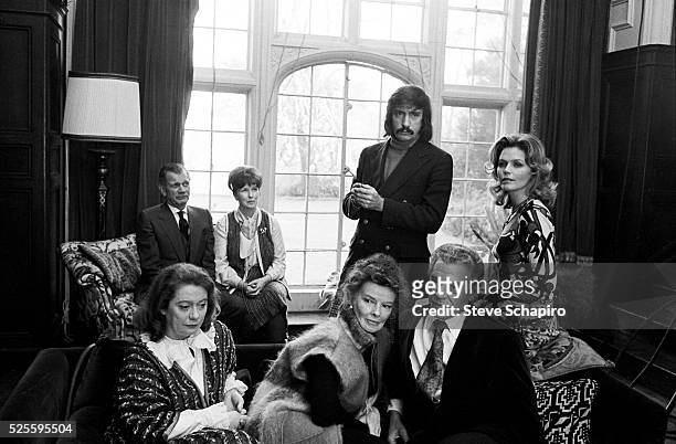 Actors Joseph Cotton, Betsy Blair, Kate Reid, Paul Scofield, Katherine Hepburn and Lee Remick with playwright Edward Albee during the shooting of the...