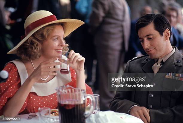 American actors Diane Keaton and Al Pacino during the filming of 'The Godfather' , 1972.