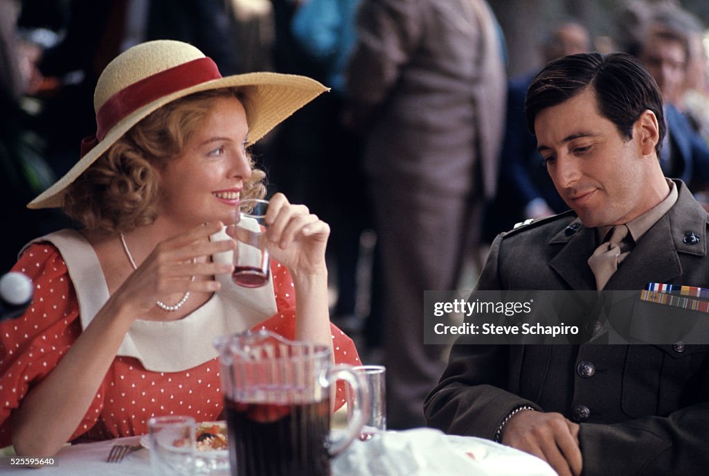 American actors Diane Keaton and Al Pacino during the filming of 'The