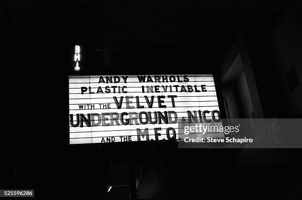 Marquee of The Trip club on the Sunset Strip, advertising Andy Warhol's Exploding Plastic Inevitable show including the Velvet Underground, in Los...