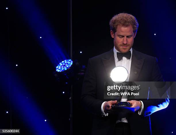 Prince Harry ahead of presenting the Outstanding Contribution to Sport award at the BT Sport Industry Awards 2016 at Battersea Evolution on April 28,...