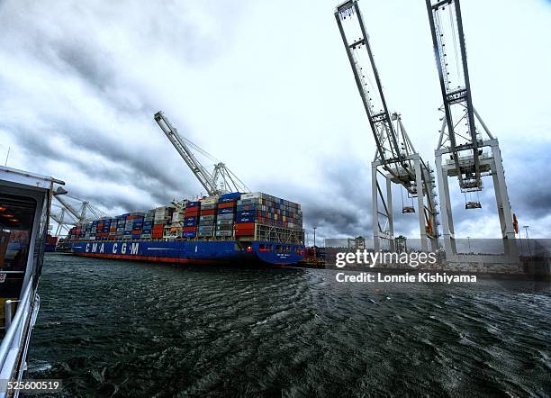 Container ships and Gantry Cranes in Seattle, Washington, November 16, 2014.