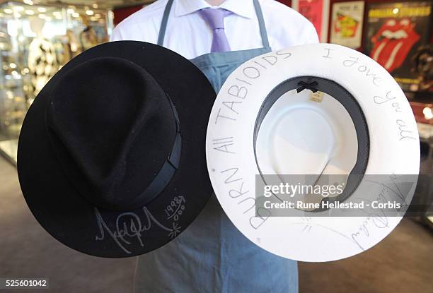 Michael Jackson hats are displayed as part of Bonhams Entertainment Memorabilia auction at Bonhams, Knightsbridge.