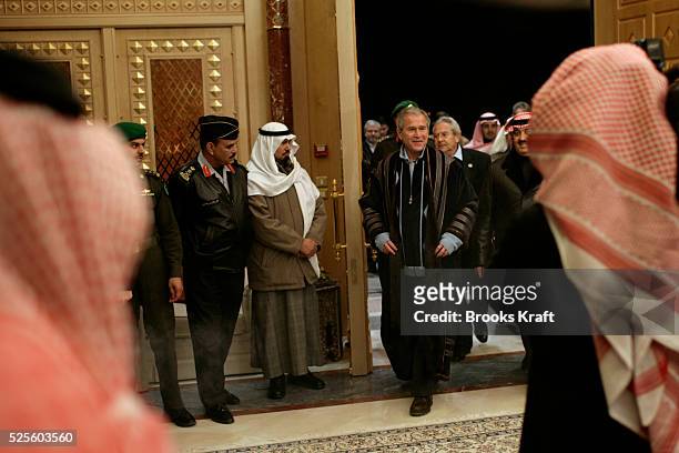 President George W. Bush arrives for tea with Saudi King Abdullah at Al Janadriyah Farm in Al Janadriyah, Saudi Arabia. | Location: Janadriyah, Saudi...
