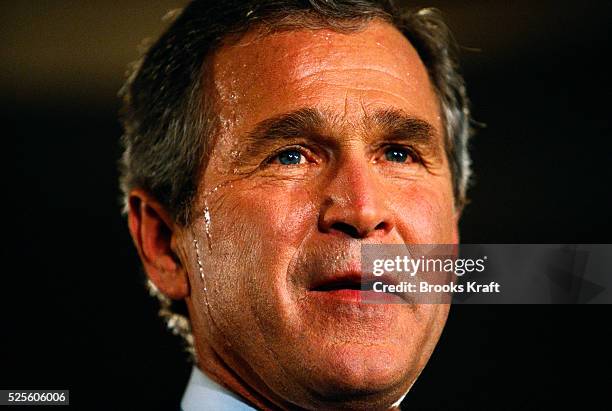 George W. Bush gives a victory speech after the primary election results are announced in Austin, Texas. Bush won the 2000 Presidential Election...