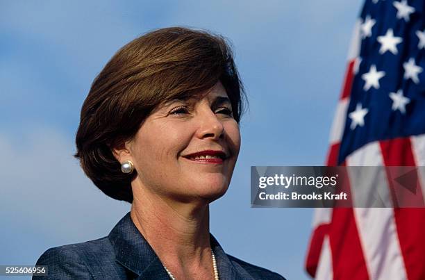 Laura Bush smiling at a Presidential campaign stop in 2000. She was campaigning with her husband George W. Bush in Austin, in their home state of...