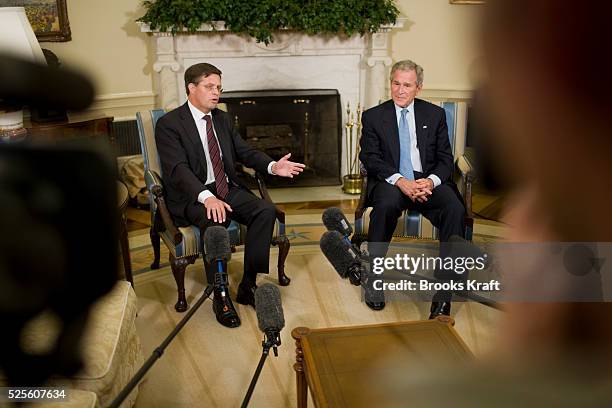 Dutch Prime Minister Jan Peter Balkenende talks to reporters as he meets with President George W. Bush in the Oval Office of the White House in...