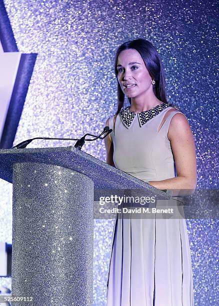 Pippa Middleton speaks on stage at the Disability Snowsport UK ParaSnowBall 2016 sponsored by Crystal Ski Holidays and Salomon, at The Hurlingham...