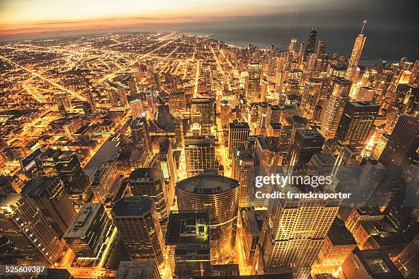 chicago night downtown aerial view - chicago dusk stock pictures, royalty-free photos & images