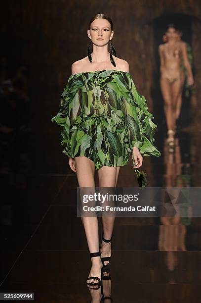 Model walks at Agua de Coco por Liana Thomaz Runway at SPFW Summer 2017 at Ibirapuera's Bienal Pavilion on April 28, 2016 in Sao Paulo, Brazil.