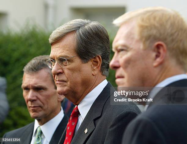 Senate Majority Leader Tom Daschle ., Senate Minority Leader Trent Lott and House Minority Leader Dick Gephardt talk to the press after a meeting...