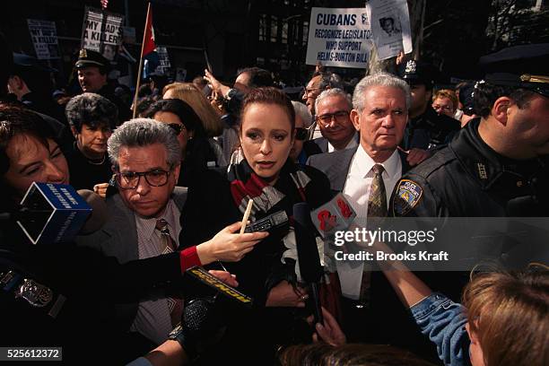 Cuban leader Fidel Castro's daughter Alina Fernandez leads a protest against her father's regime during the 50th anniversary of the United Nations.