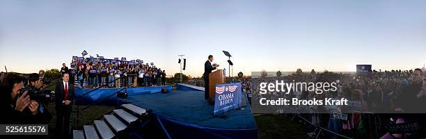 Democratic presidential canddiate Senator Barack Obama is seen in this composite photograph, during a campaign rally at Ida Lee Park in Leesburg,...