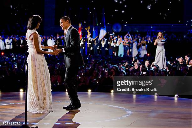 President Barack Obama and first lady Michelle Obama dance together as Beyonce performs, at the Neighborhood Inaugural Ballin Washington, DC. The...