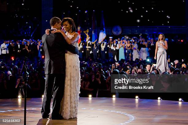 President Barack Obama and first lady Michelle Obama dance together as Beyonce performs, at the Neighborhood Inaugural Ballin Washington, DC. The...