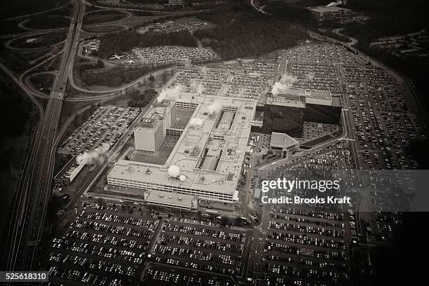 An aerial view of the National Security Agency headquarters in Fort Meade, Maryland outside Washington, DC. The NSA is the central producer and...