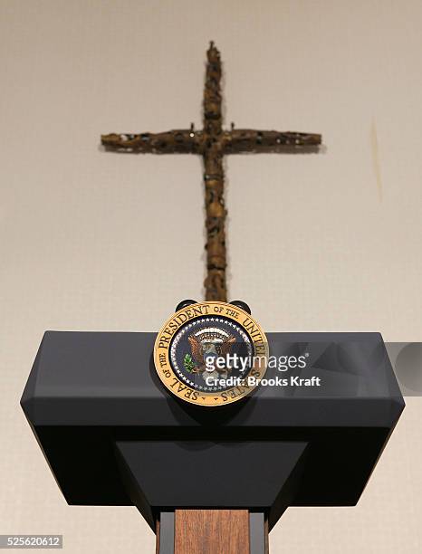 The pulpit bearing the presidential seal is seen at the Union Bethel African Methodist Episcopal Church. Seeking to increase support among black...