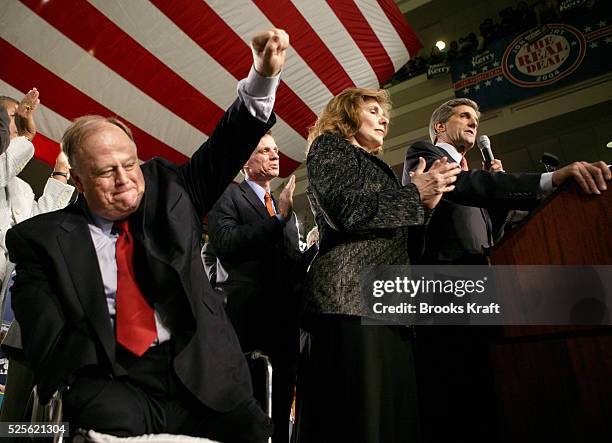 Former Senator Max Cleland cheers on Democratic presidential hopeful Senator John Kerry of Massachusetts during a victory party at George Mason...