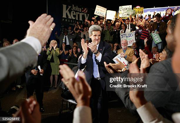 Democratic presidential hopeful Senator John Kerry of Massachusetts arrives at a town hall meeting at the Roxy Theater in Atlanta, Georgia, during a...