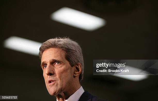 Democratic presidential hopeful Senator John Kerry of Massachusetts responds to attacks by Republicans on his Senate voting record on defense and...