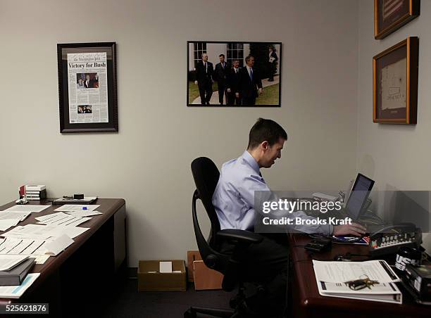 Ken Mehlman, campaign manager for the Bush Cheney 2004 re-election, works at the campaign's national headquarters.
