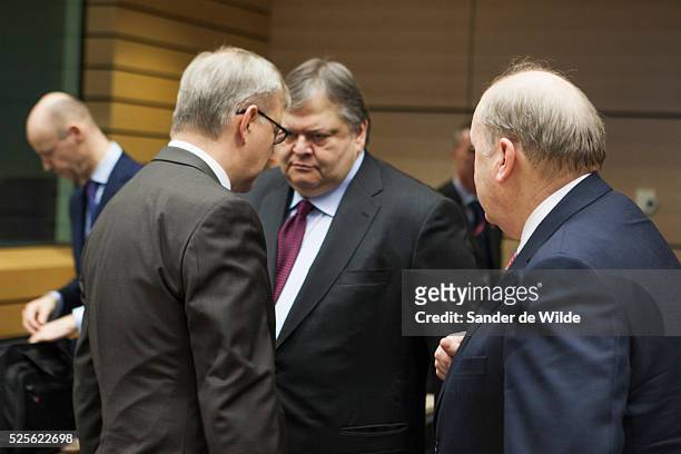 Euro zone finance ministers and officials met in Brussels to discuss Greece's reforms.Socialist Evangelos Venizelos talking to Olli Rehn
