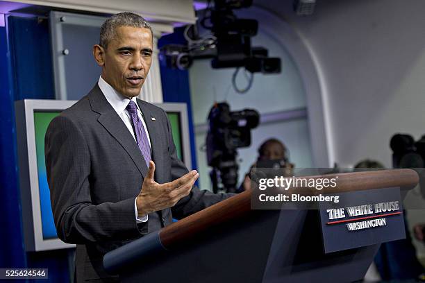 President Barack Obama speaks while making a surprise visit to journalism students participating in a college reporter day at the Brady Press...