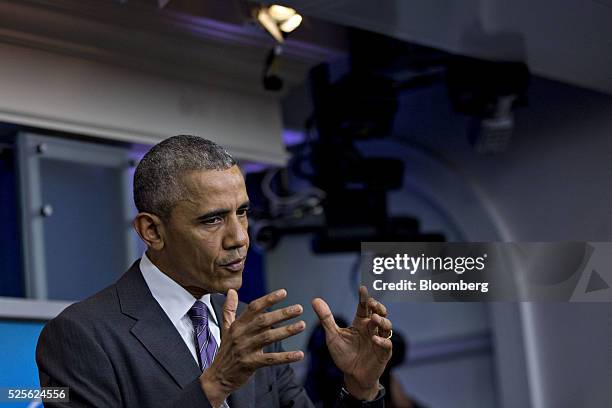 President Barack Obama speaks while making a surprise visit to journalism students participating in a college reporter day at the Brady Press...