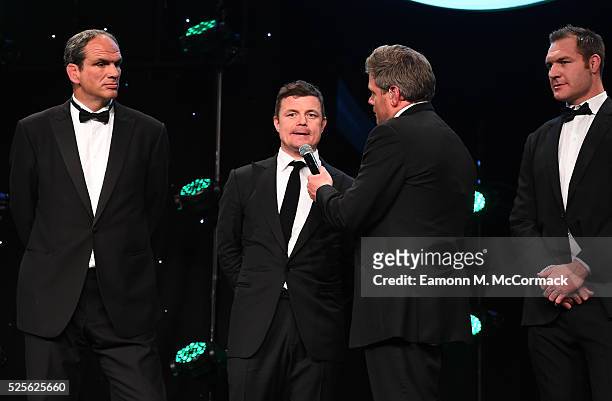Martin Johnson, Brian O'Driscoll and Ali Williams talk on stage with Mark Durden-Smith before presenting the Best International Marketing Campaign in...