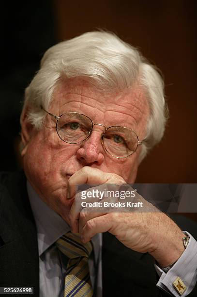 Senator Edward Kennedy listens during questioning of Attorney General John Ashcroft on counter-terrorism issues during a Senate Judiciary Committee...
