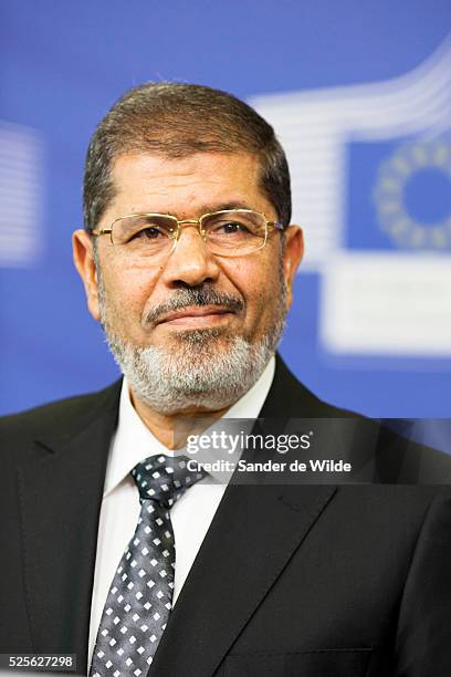 Egyptian President Mohamed Morsi speaks to the press prior to a meeting at the EU headquarters in Brussels on Thursday, Sept. 13, 2012.